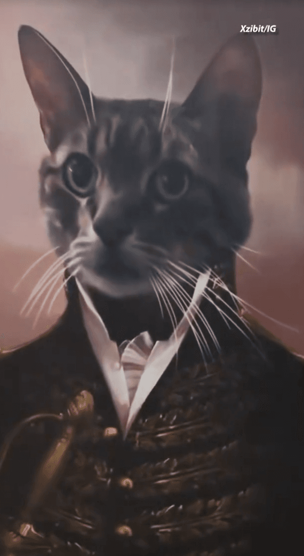 The famous painting: a tabby cat's head painted onto a regal Napoleonic military portrait with gold braided uniform, as shown in Xzibit's video